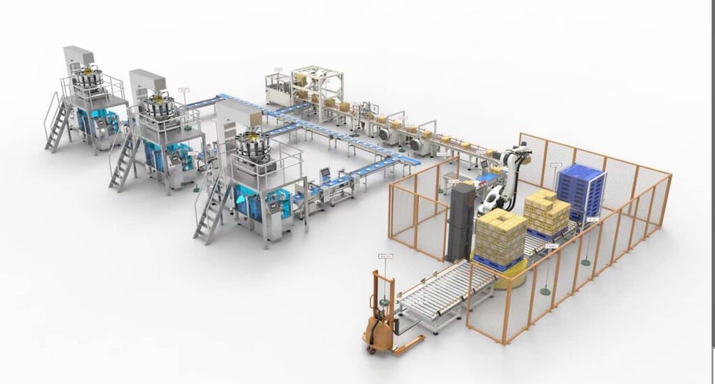 Path Pack filling and packaging production line, from weighing and bagging through conveying to robotic palletizing