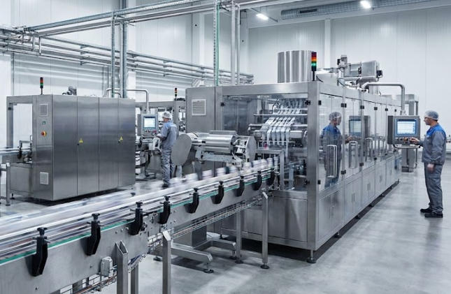 Path Pack horizontal packaging machine in production: multi-lane sealing area behind safety guarding, with operators at HMI control panels